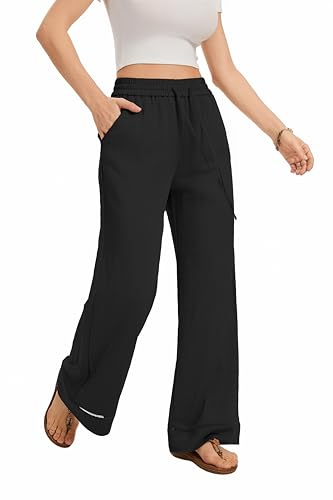 Image of KICZOY Women Flowy Pants Drawstring Waist Wide Leg Palazzo Beach Pants Loose Fit with Pockets