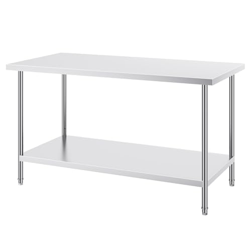 Happybuy Stainless Steel Prep Table, 30 x 60 x 34 Inch, 910 lbs Load Capacity, Heavy Duty Worktable with 3 Adjustable Heights, Commercial Kitchen Garage Restaurant Workstation