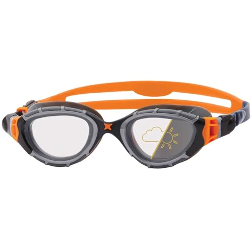 Zoggs Predator Flex   Gafas de natación para adultos, protección UV, correas cómodas de ajuste rápido, lentes sin niebla, gris/naranja/reactor, ajuste más pequeño