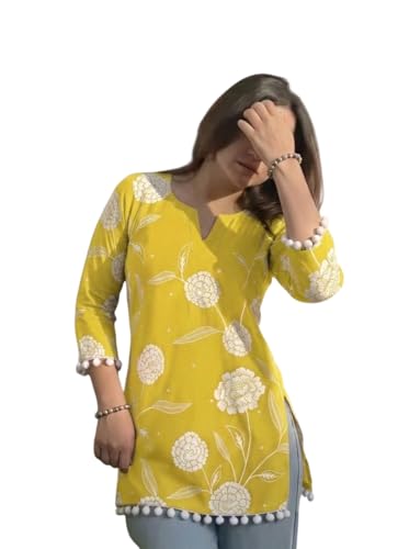 Image of SAICHA Women's Cotton Printed Short Kurti with Pom Pom, Red Floral Pattern