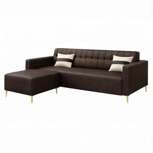 Image of SOCOZI Anton 4 Seater L Shape Sofa Set with Movable Ottoman | Flexible Left or Right Layout | Premium Leatherette with Golden Metal Legs |Sofa for Living Room (Brown Leatherette)