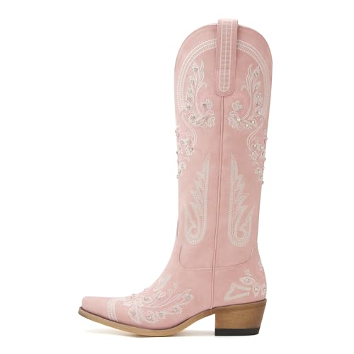 Image of vodvob Western Cowboy Boots for Women Rhinestone Knee High Cowgirl Snip Toe
