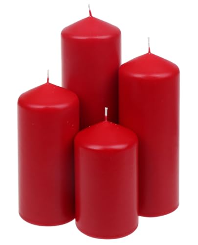 Stumpenkerzen 4er-Set Abgestuft Rubin Rot, Adventskerzen,...