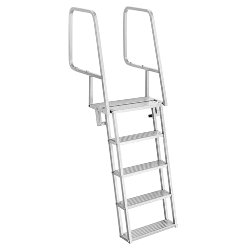 VEVOR Flip-Up Dock Ladder 5-Step Heavy-Duty Aluminum Alloy Pontoon Boat Swim Ladder with Non-Slip Wide Steps 350 lbs Weight Capacity Pull Rope Assist Comfort Use for Lake Pool Marine Boarding