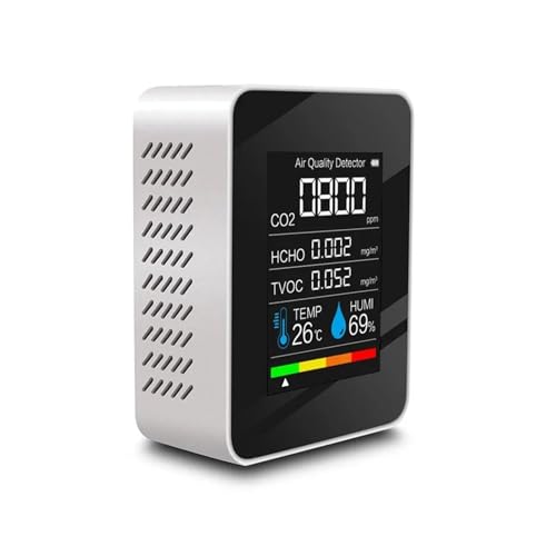Detector de Gas, Monitor de Calidad del Aire 5 en 1 Detector CO2 for Interiores Formaldehído HCHO TVOC Probador LCD Temperatura Humedad Alarma Medidor para el Trabajo y el hogar(Bianco)