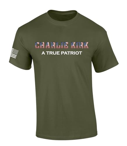 Trenz Shirt Company Men's Graphic T-Shirt - USA Flag Filled Charlie Kirk A True Patriot Short Sleeve Tee, Military Green, XL