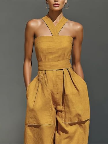 Enterizo de mezcla de lino amarillo mostaza para mujer casual 7