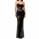 LINNSUJH Sexy Sheer Maxi Dress for Women Black See Through Mesh Cocktail Dresses See Thru Strapless Transparent Long Dress Club Party Night Rave Outfit Costume