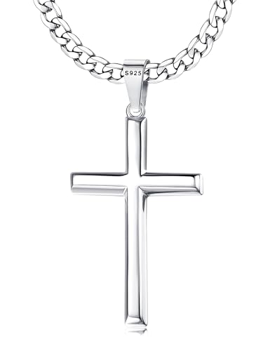 MILACOLATO 925 Sterling Silver Cross Necklace for Men Women, 5mm Stainless Steel Diamond-Cut Durable Figaro Link Chain or Cuban Link Curb Chain for Men, Mens Silver Crucifix Cross Pendant Necklaces Jewelry 16-30 Inches