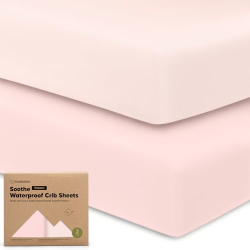 Image of 2-Pack Waterproof Crib Sheets for Boys, Girls - 52x28 Fitted Organic Cotton Baby Crib Sheets, Toddler Mattress Protector Cover, Washable, Soft & Durable Baby Bedding Essentials (Mist Rose)