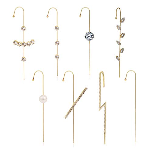 Crystal Ear Wrap Earrings Classic Rhinestone Piercing Ear Cuff Elegant Craved Gold-tone CZ Crawler Hook Earrings for Women Girls Wedding Delicate Wire Needle Studs Earrings(8pcs)