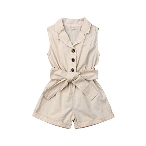 Rtnnsbbfcm Toddler Baby Girl Turn Down Collar Romper Bodysuit with Belt Buttons Solid One Piece Jumpsuit Outfit Clothes (Beige,4-5T)