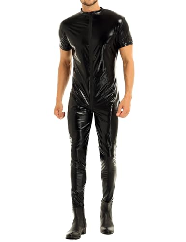 Yiesvsov Hommes Wetlook Compression Corps Brillant Combinaison Salopette Fermeture Éclair Hommes Latex Combinaison Intégrale Body Leotard Lingerie Clubwear Noir XXL