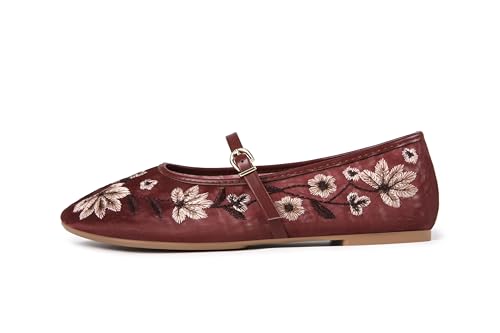 Image of MRKEWUNEY Mesh Ballet Flats for Women Embroidered Floral Round Toe Mary Jane