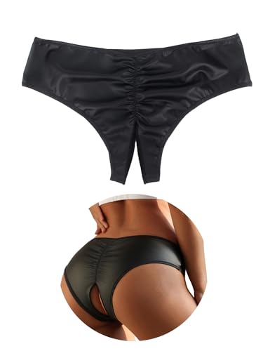 ohyeahlady PU-Leder String Tanga Ouvert für Frauen Ouvert Slip Übergroße Dessous Damen Sexy Unterwäsche Leder Höschen Damen Unterhosen mit Loch...