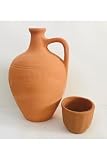 Large Unglazed Clay Water Dispenser with Cups - 5L Capacity - BPA Free Terracotta 'Terleyen Testi' for Cooling - Brown
