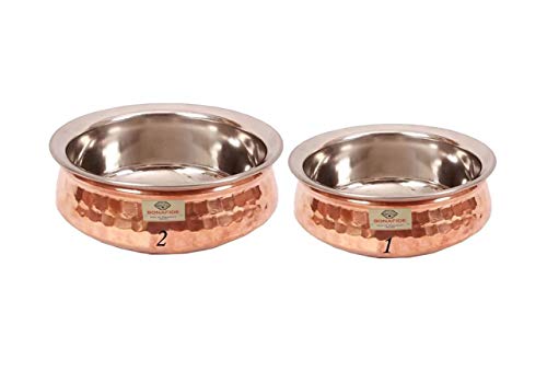 Bona Fide Pure Copper Tableware Serving Bowl Indian Serveware Handi Set, Tureen Copper Stainless Steel Serving Dishes for Serving Your Favourite Dish with a Traditional Touch 600 ml 15 cm