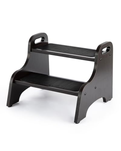 Image of StrongTek Wood 2 Step Stool with Non-Slip Stepping Surface, Portable Handles, Skid Resistant Foot Pads, 350 lb Capacity, Multipurpose Heavy-Duty Support for Home Use (Espresso) | Non-Slip Surface, Portable Handles, Skid Resistant Foot Pads, 350 lb Capacity