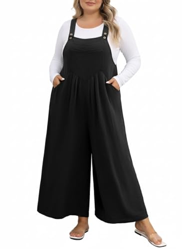 OLRIK Plus Size Fall Outfits for Women Wide Leg Jumpsuit Loose Fit Teacher Wear Black-3X