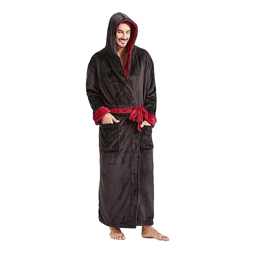 FashGudim Masculino Robes Grandes e Altos com Capuz, Roupão de Flanela de Dois Tons, Contraste, Comprimento Total, Roupão Longo de Pelúcia, Casaco Quente para Casa (Preto e Borgonha, Xxl)