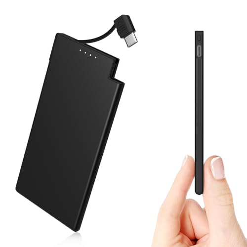 TNTOR Banco de energía Ultrafino 5000mAh con Cable Tipo C Incorporado para Cargar Rápida - Cargador portátil Compacto para iPhone, Samsung, Huawei, Tabletas y Más Dispositivos USB-C - Negro