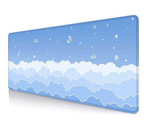 HUOCAIREN Cute Pastel Blue Desk Mat, Minimalist Large Gaming Mouse Pad Mousepad, Kawaii Anime Gaming Deskmat, Gradient White Clouds Computer Pad, Aesthetic Stars Moon Deskpad, 31.5 X 11.8 Inch