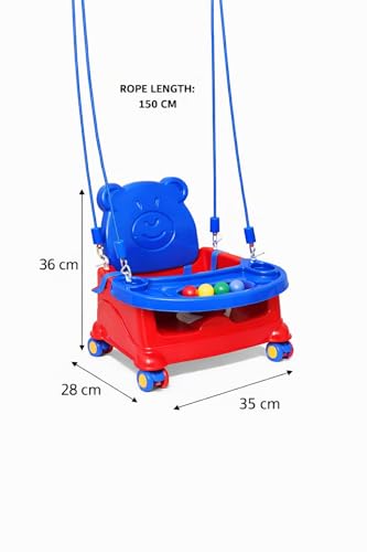 Image of 6-in-1 Multipurpose Baby Booster Seat Cum Hanging Swing Seat | Toddler Plastic Chair with Backrest & Safety Support | Feeding Seat with Long Ropes & Hooks for Boys & Girls (1-3 Years) (Red /Blue-Wheel)