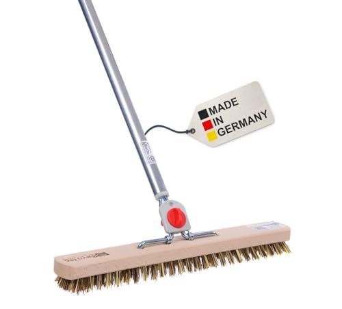 BawiTec XXL Schrubber, 40cm Breit, 4-Loch-Wechselsystem mit Aluminiumstiel, Bodenschrubber, Schrubberbesen, Scheuerbürste, Buchenholz, Harte Union-Mix-Borsten, Braun