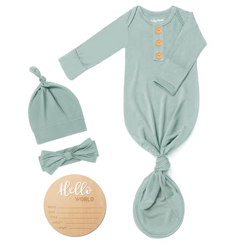 Image of Soft Baby Knot Gown 0-3 Months, Newborn Announcement Sleepers With Mitten Cuffs and Personalized Wooden Name Tag