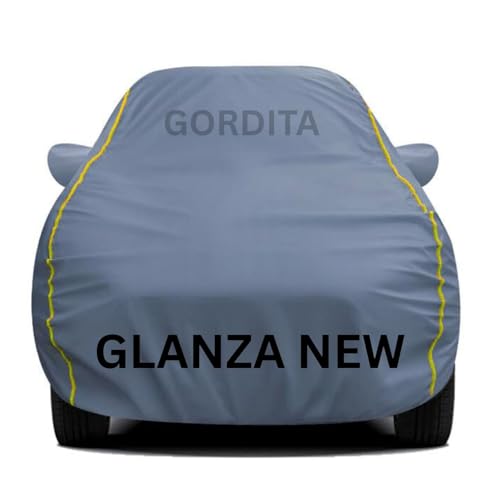 Image of Waterproof Car Body Cover for Glanza New All Weather Protection Comes with Inner Cotton Lining & Triple Stitched with Mirror & Antenna Pocket Belt & Elastic Fit Grey with Yellow Piping2