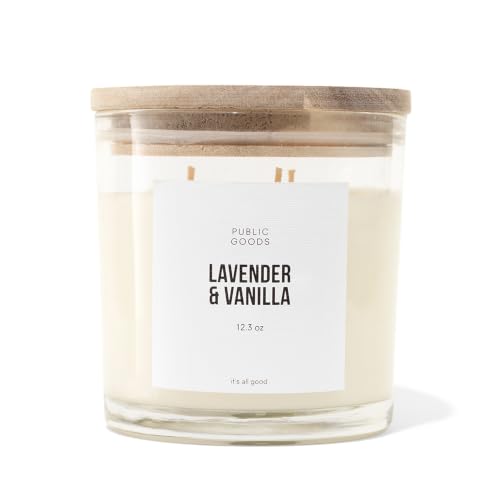 Public Goods Scented Soy Candle for Women & Men | Large 3 Wick Glass Candle | Long Lasting & Non Toxic | Made with Natural Soy Wax & Organic Essential Oils | Gift Box | 12.3oz Jar | Lavender & Vanilla