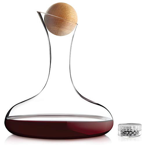Andrew James Wine Decanter Set with Aerator Filter – 1.8L Glass Decanter for Wine with Solid Oak Stopper, Pourer & Stainless-Steel Cleaning Balls – Red Wine Carafes Gift Set for Wine Lovers