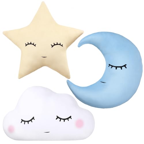 Chunful 3 Stuks Kinderen Maan Ster Wolk Kussen Zacht Pluche Wolkvormig Kussen Gevulde Sterren en Maan Kwekerij Decor Home Decor voor Slaapkamer Wieg Feestbenodigdheden
