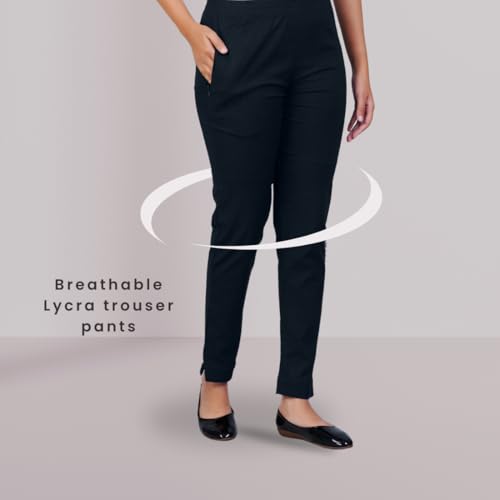 Image of Happy Bunny Cotton Blend Lycra Kurti Pants for Women, Soft 30% Stretch Full Length Trousers with Elastic Waist & Zip Pocket, Ideal for Office, Work, Casual, Home Wear Breathable Slim Fit