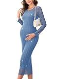 AISWI 2 Piece Maternity Sparkly Mesh Dress Long Sleeve Round Neck Bodycon Midi Pregnancy Dresses Baby Shower Semi Formal, Blue, Large