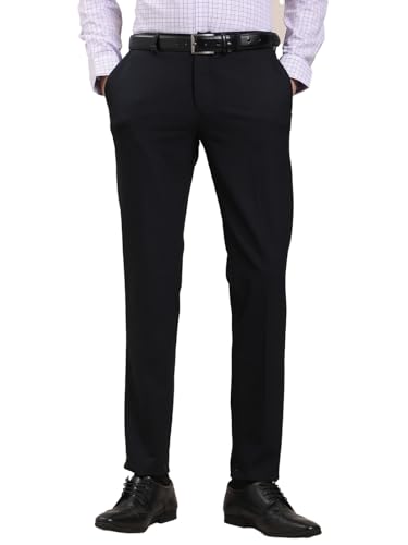 Image of Turtle Men's 4-Way Stretch Slim Fit Formal Trousers | Flat Front Checkered Navy Blue Office Pants | Comfortable Business Wear for Men
