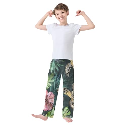 Turtle Tropical Leaves Boys Long Pants Soft Trousers Elastic Waist Kids Lounge Bottoms with Pockets S-XL3