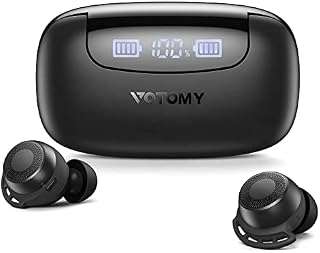 Bluetooth Earbuds, Votomy 100H Playtime Ear Buds Wireless Earbuds, HI-FI Stereo Deep Bass Noise Cancelling Earphones with Microphone, IPX8 Waterproof and LED Power Display for Sport/Work/Travel, Black