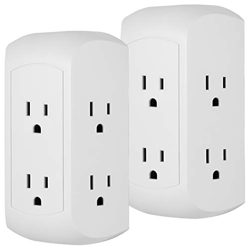 GE Pro 6 Outlet Surge Protector Adapter Spaced Tap, 2 Pack, 3-Prong Power Strip, Charging Station, Side Access, White, 50038