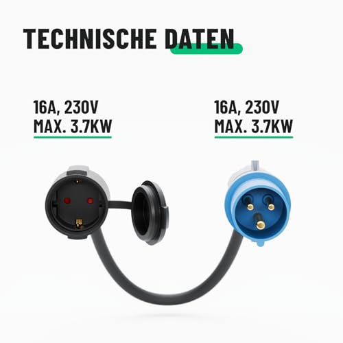 greate 16A CEE Adapter Schuko Kupplung - Adapter CEE Stecker Kupplung 230V mit 50 cm Kabellänge & IP44 Schutz - Adapter Camping auf Schuko, Camping Stecker, Strom für Camping CEE Adapter
