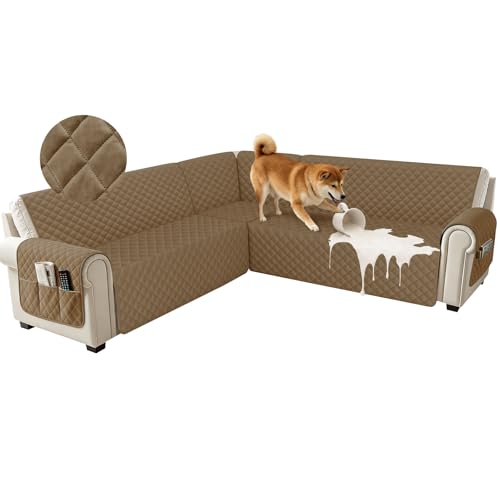 ROFASVCO U Shaped Sectional Couch Covers for L Shaped Corner Sofa Waterproof 6 Piece Washable Sectional Sofa Cover Non Slip Velvet Couch Slipcover Protector for Dogs Pets (Large, Camel)