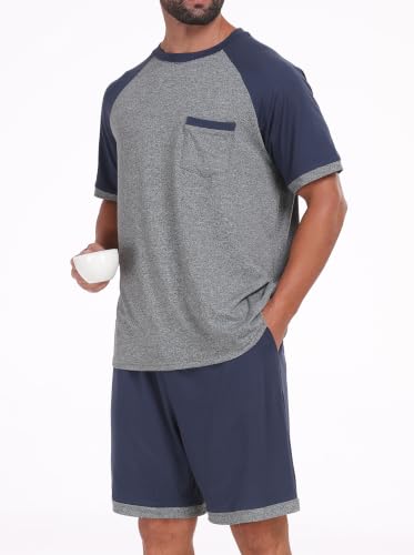 Image of Mens Pajamas Set Lightweight Summer Pjs Sleepwear Soft Comfy Short Sleeve Loungewear With Pocket (S-4X)