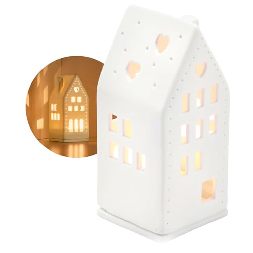 COM-FOUR® Tea Light House in Porcellana - Casa in Porcellana Opaca con Base per Tea Light - Casa Luminosa - Elegante Decorazione della Stanza a Forma di Casa (14 cm)