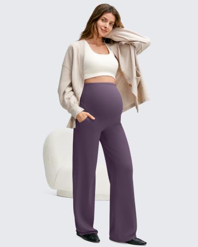 Image of G4Free BareFeel Maternity Pants Over the Belly Pregnancy Trousers for Work | High Waist Coverage,Two Side Pockets,Wide Leg Design,Soft Knit Fabric,for Dress Casual Yoga