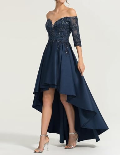 High Low Prom Dress with Sleeves Satin Off Shoulder Cocktail Dress A Line Formal Evening Gown PM2334