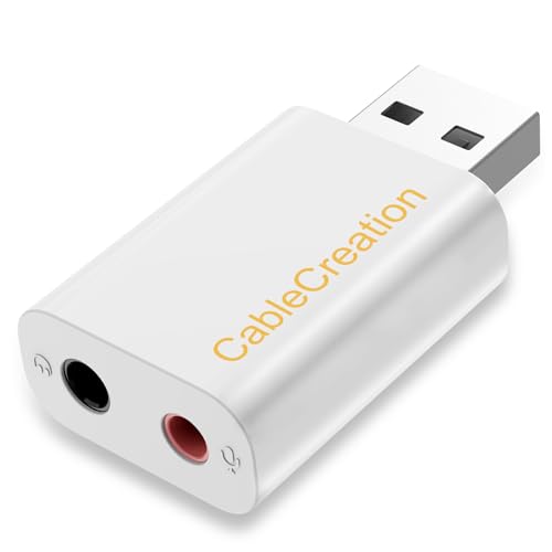 Image of CableCreation USB to 3.5mm Jack Audio Adapter, External USB Stereo Sound Card with 3.5mm Headset and Microphone Jack for PS4, PS5, Windows, Mac, Linux, Plug and Play, White