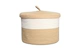 yukimocoo S Size Camel Woven Basket, Cotton Rope Basket with Lid, Cute Small Storage Basket, Small Organization Basket, Woven Basket, Desk Basket Organizer (Camel & White)
