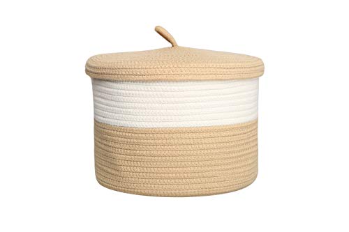 S Size Camel Cotton Rope Basket with Lid Mini Woven Basket Cute Toy Storage Basket Towel Storage Little Organizer Woven Basket Living Room Basket for Pet Toys, (White &Camel Mix)