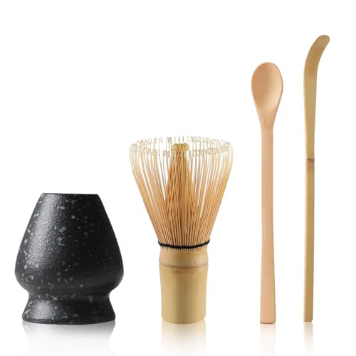 Set of 4 Matcha Tea Set Matcha Whisk and Whisk Holder Matcha Spoon, Matcha Kit Matcha Ceremony Accessory(Black-01)