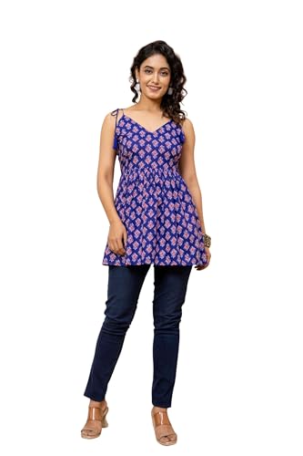 Image of Women's Printed Halter Neck Kurti Top | Sleeveless V-Neck Short Tunic with Back Tie-Up | Casual Ethnic & Summer Wear